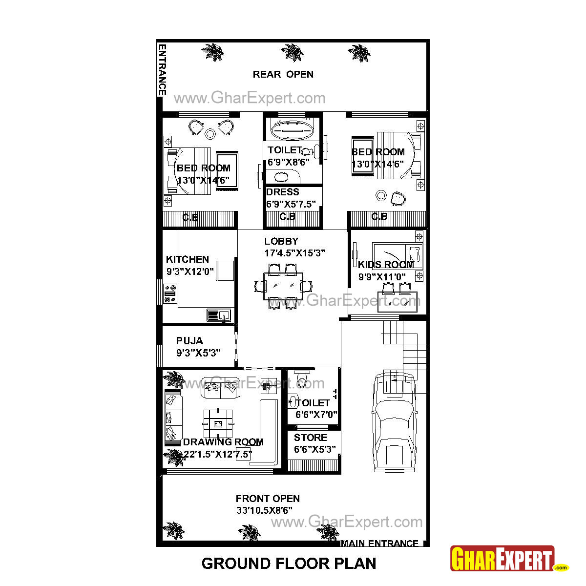 House Plan for 35 Feet by 65 Feet plot (Plot Size 253 Square Yards 35 Feet Is How Many Yards