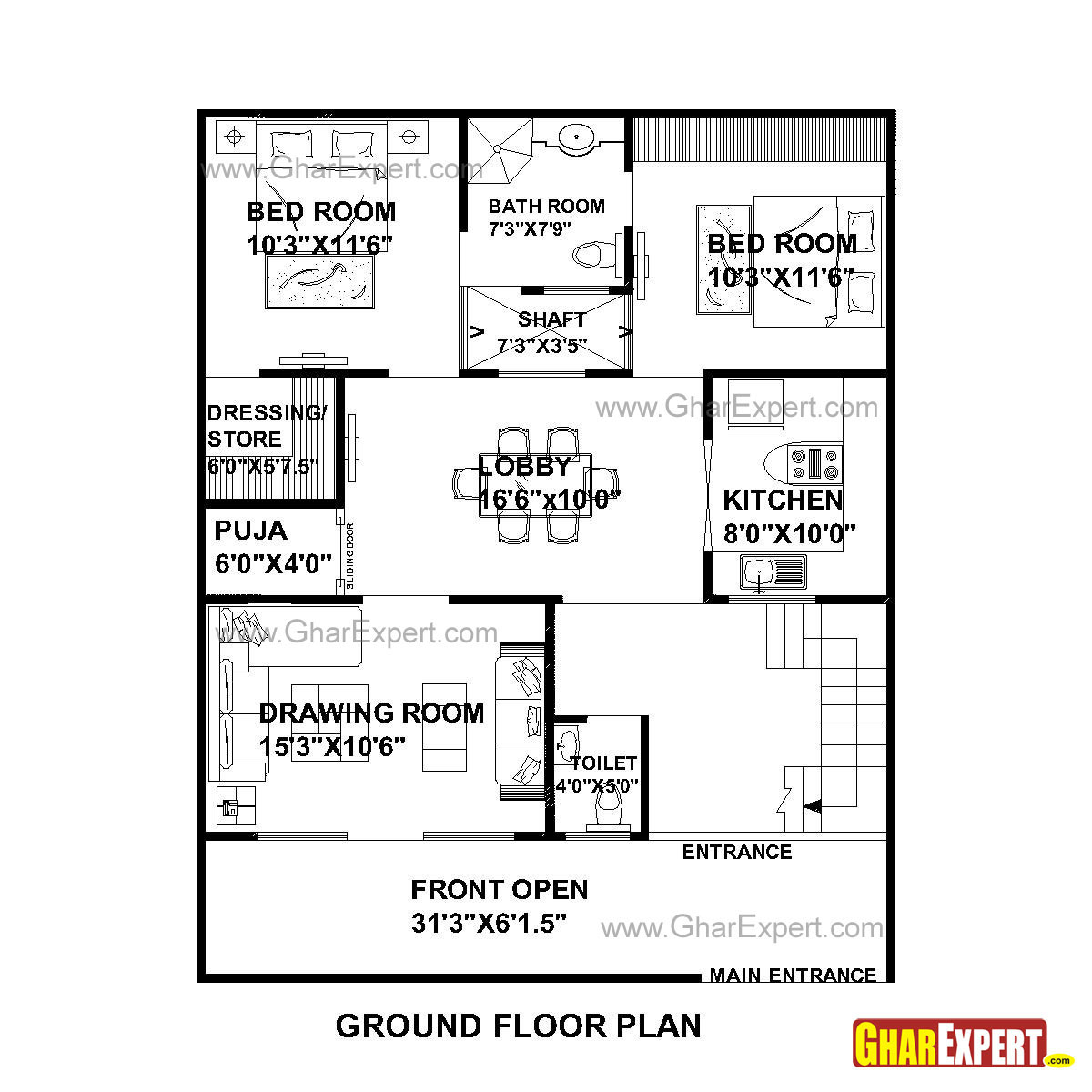 House Plan For 32 Feet By 40 Feet Plot Plot Size 142 Square Yards Gharexpert Com