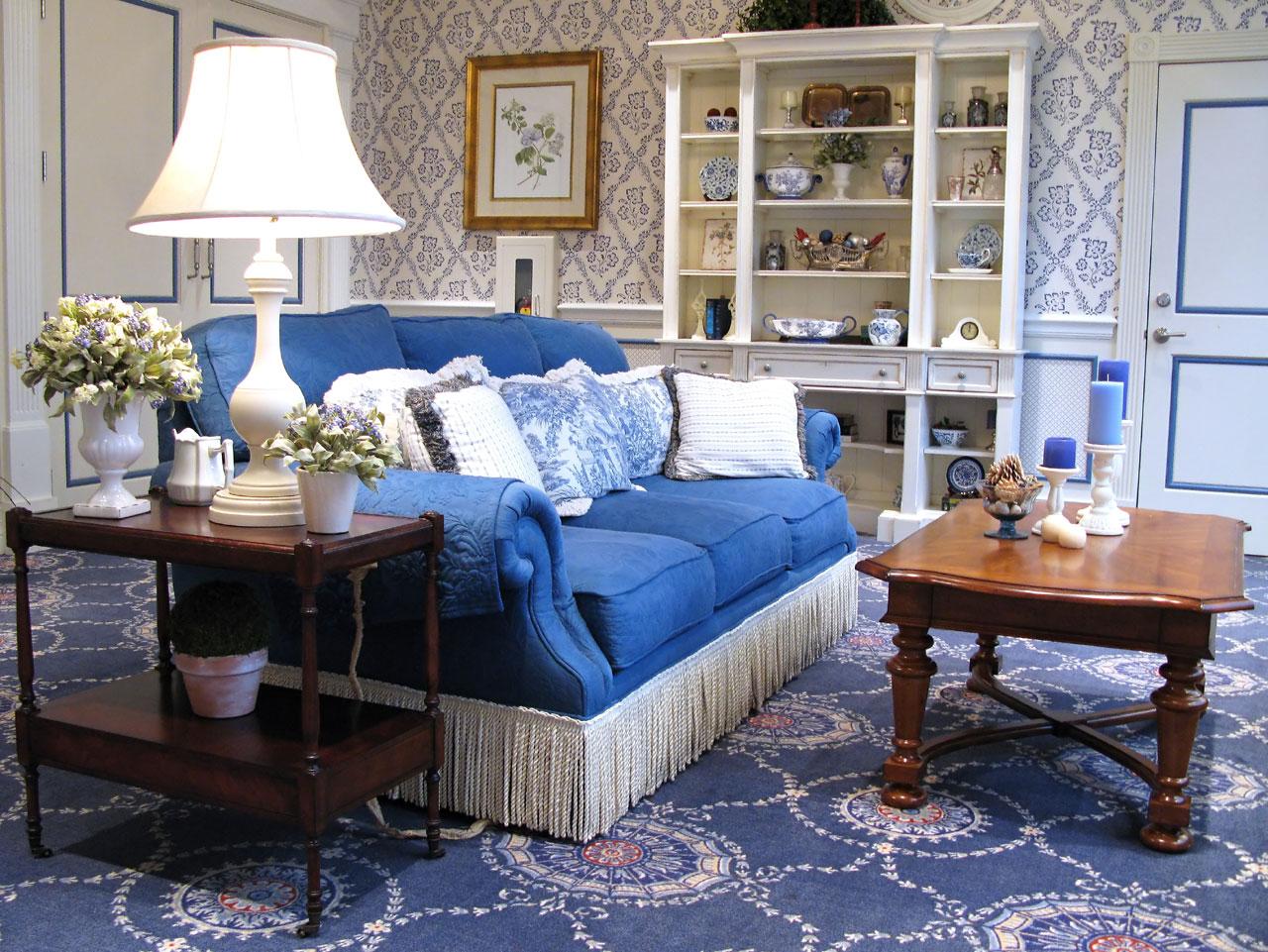 Blue and white living room