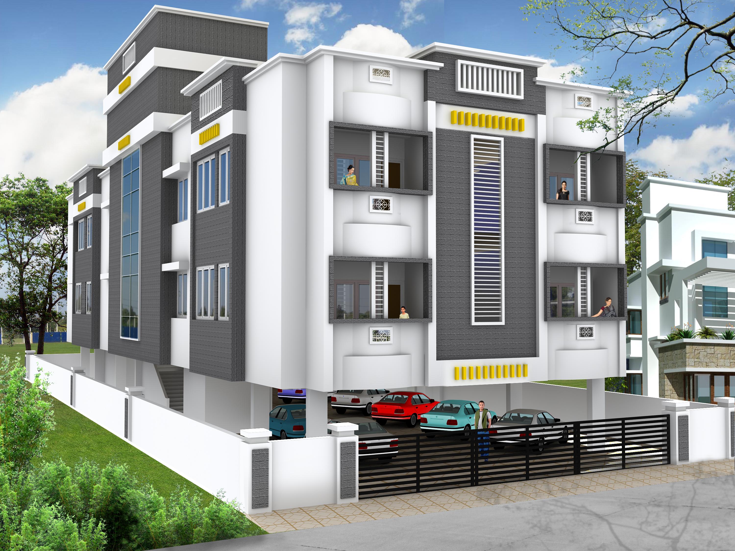 Elevation Of A 3 Story Building With Stilt Parking Gharexpert