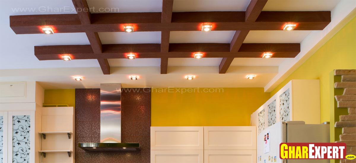 Wooden Plank Ceiling With Lighting For Kitchen Gharexpert