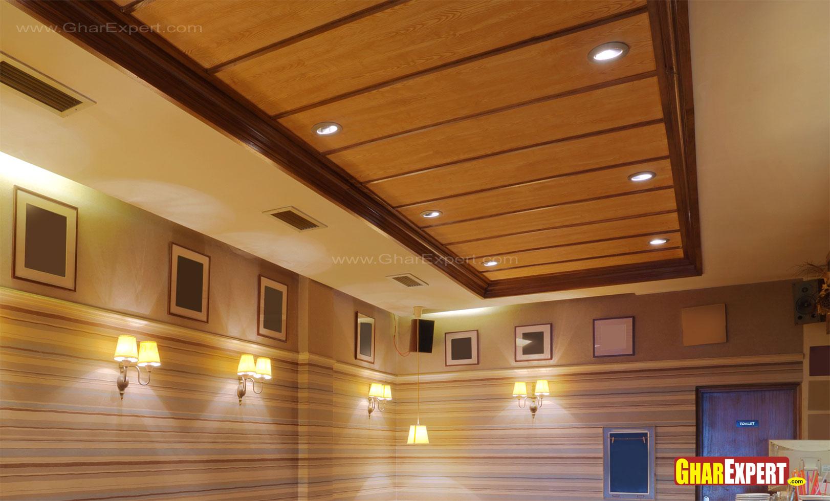 Wooden Plank Ceiling With Lighting For Restaurant Gharexpert