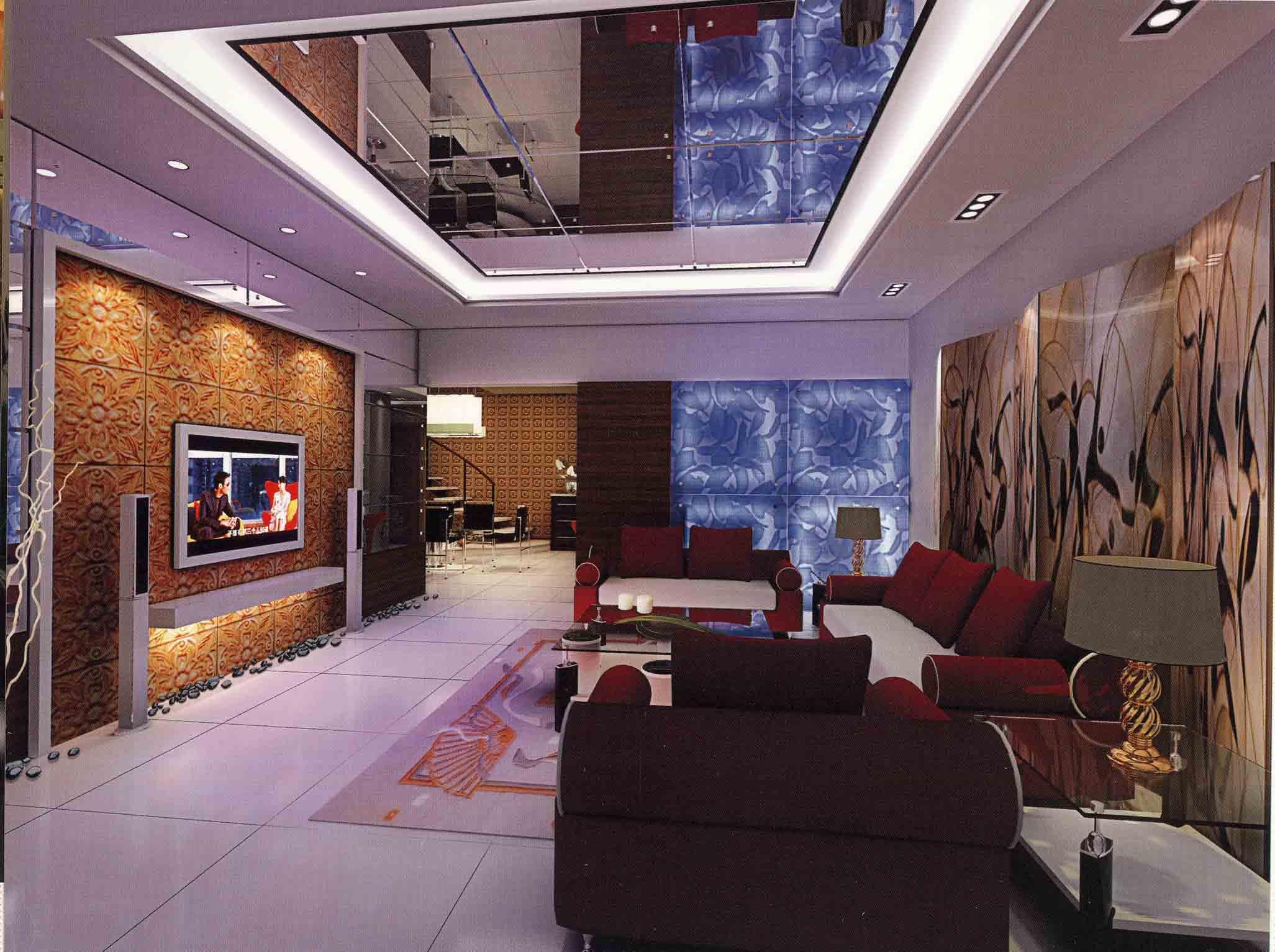 Living Room With Mirror Ceiling Design Gharexpert