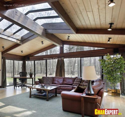 Skylight and glass walls in living room