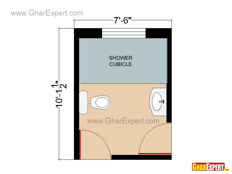 Twin Door Bathroom Floor plan or Layout in 76 sq feet with Shower Cabinet