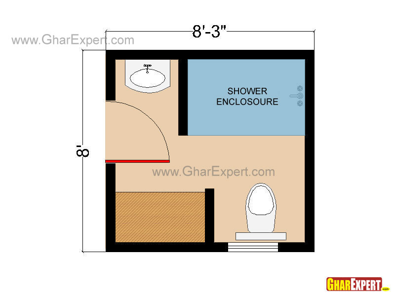 Square Shaped Bathroom Floor plan for 66 sq feet with Shower Enclosur