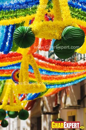 Ganesh Chaturthi decoration with colorful frills and ballons