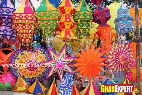 Use of colorful lanterns and colorful paper stars on Diwali