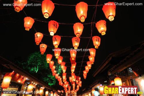 Diwali decoration with colorful lanterns on street