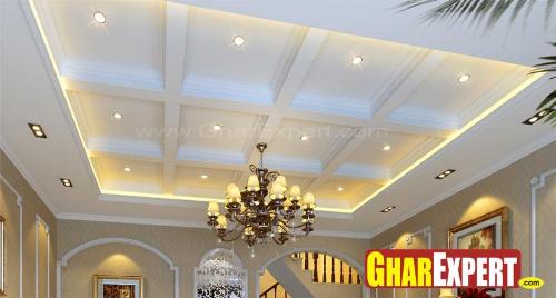 Coffered Ceiling Design with Chandelier